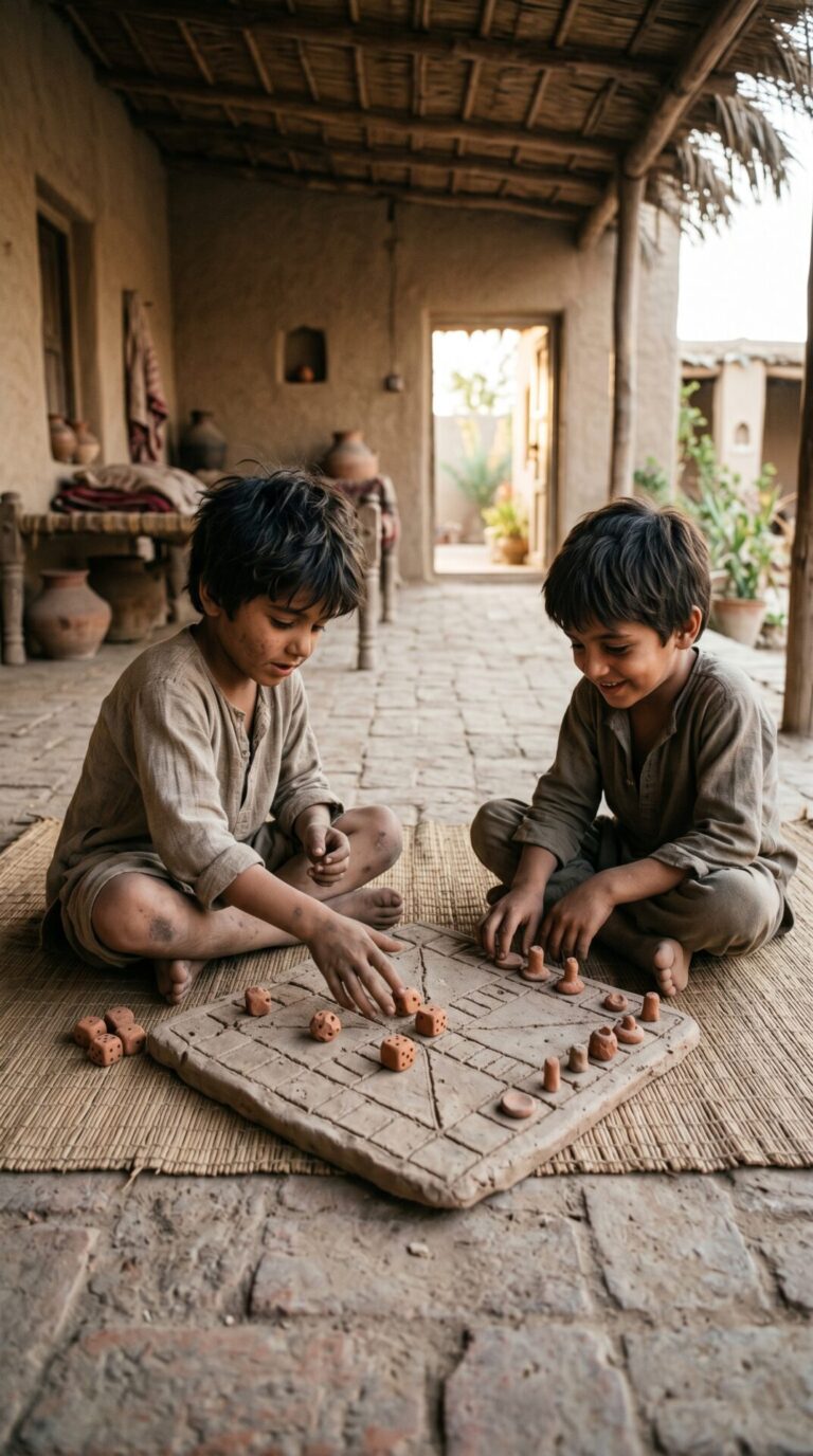 Illustriertes Cover für das Kinderhörbuch: 108 Würfelspiele im Indus-Tal - fabelhaft.app