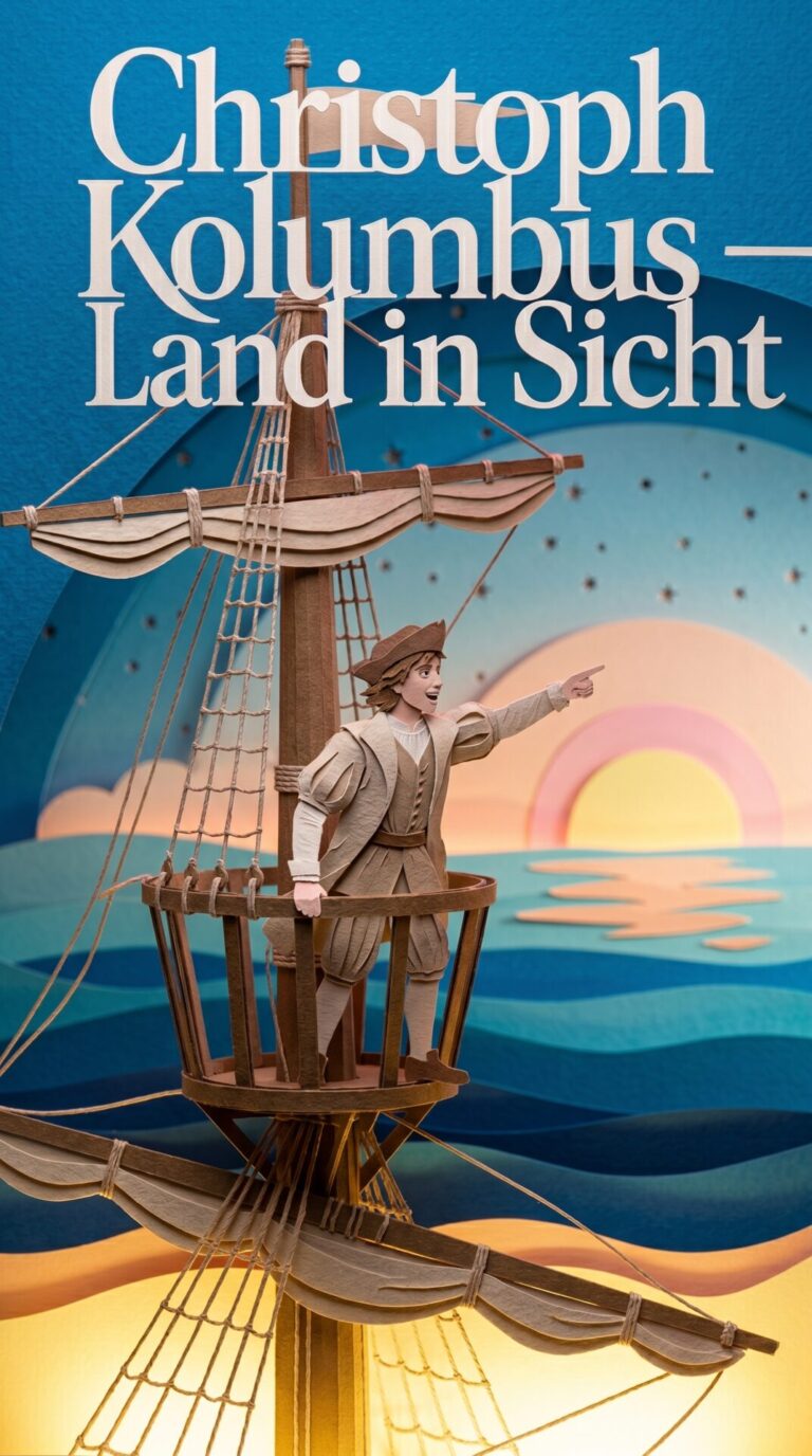 Illustriertes Cover für das Kinderhörbuch: 054 Christoph Kolumbus – Land in Sicht - fabelhaft.app