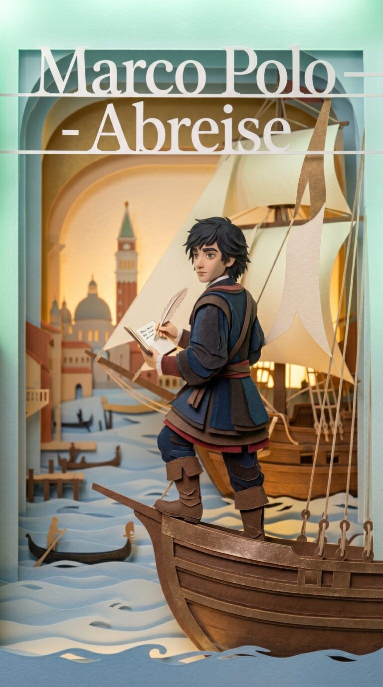 Illustriertes Cover für das Kinderhörbuch: 055 Marco Polo – Abreise - fabelhaft.app
