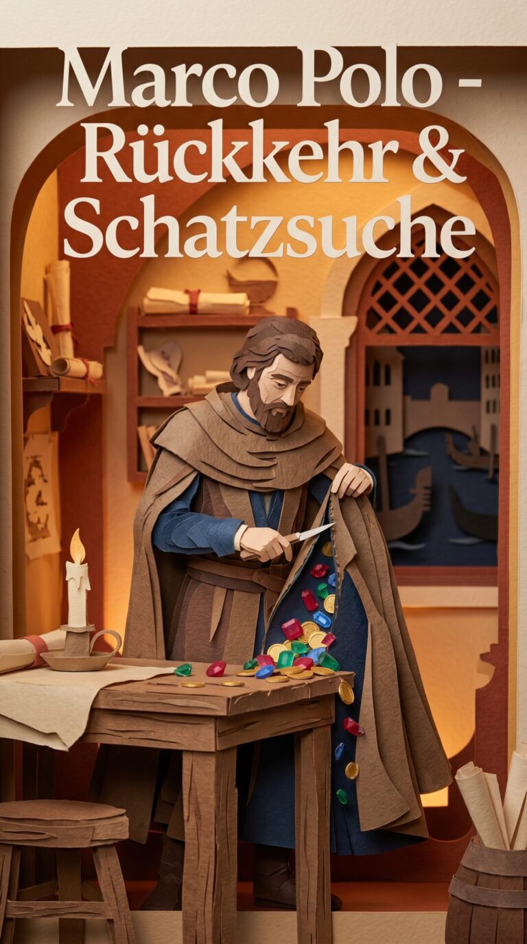 Illustriertes Cover für das Kinderhörbuch: 058 Marco Polo – Rückkehr & Schatzsuche - fabelhaft.app