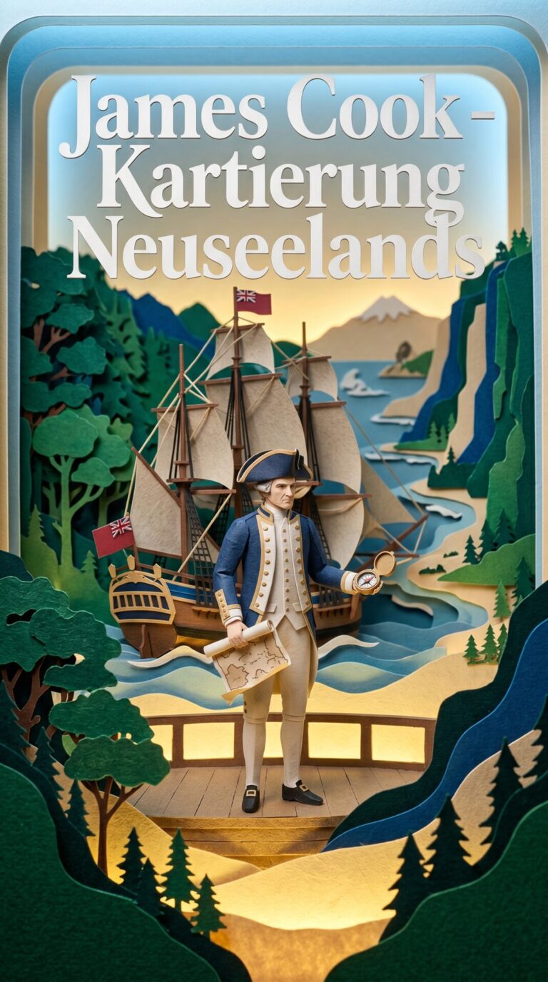 Illustriertes Cover für das Kinderhörbuch: 063 James Cook – Kartierung Neuseelands - fabelhaft.app