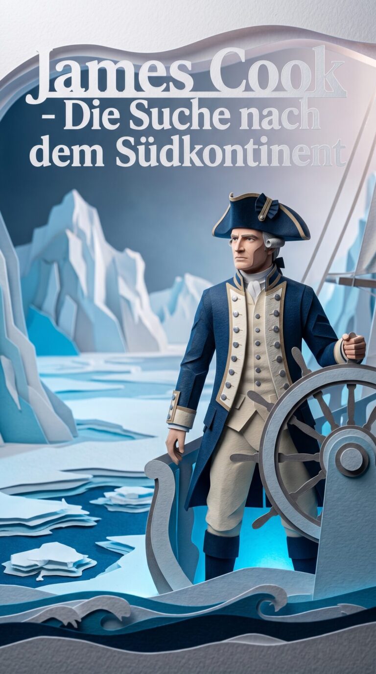 Illustriertes Cover für das Kinderhörbuch: 065 James Cook – Die Suche nach dem Südkontinent - fabelhaft.app