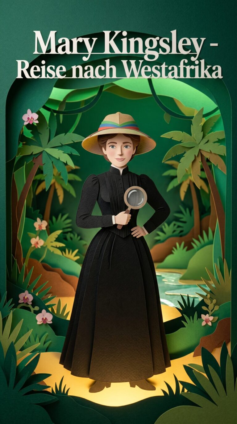 Illustriertes Cover für das Kinderhörbuch: 066 Mary Kingsley – Reise nach Westafrika - fabelhaft.app