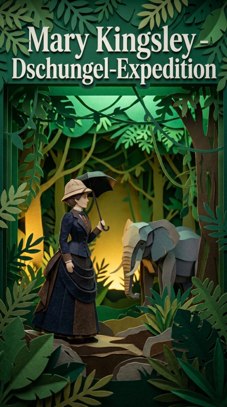 Illustriertes Cover für das Kinderhörbuch: 067 Mary Kingsley – Dschungel-Expedition - fabelhaft.app