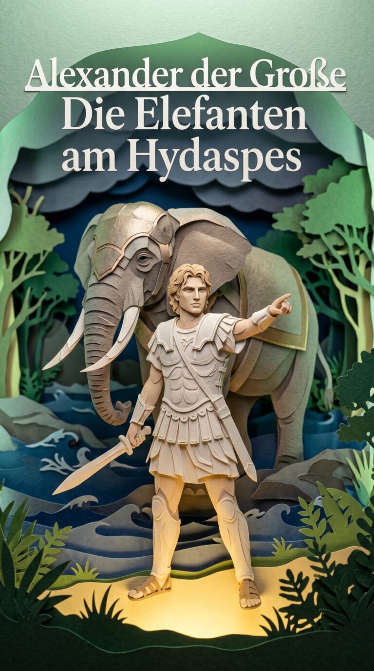 Illustriertes Cover für das Kinderhörbuch: 073 Alexander der Große – Die Elefanten am Hydaspes - fabelhaft.app