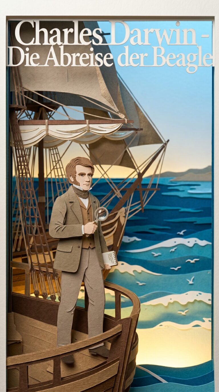 Illustriertes Cover für das Kinderhörbuch: 077 Charles Darwin – Die Abreise der Beagle - fabelhaft.app