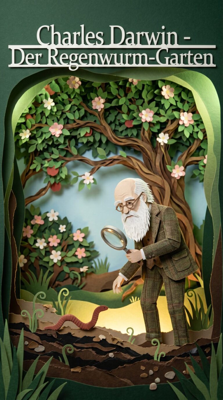 Illustriertes Cover für das Kinderhörbuch: 080 Charles Darwin – Der Regenwurm-Garten - fabelhaft.app