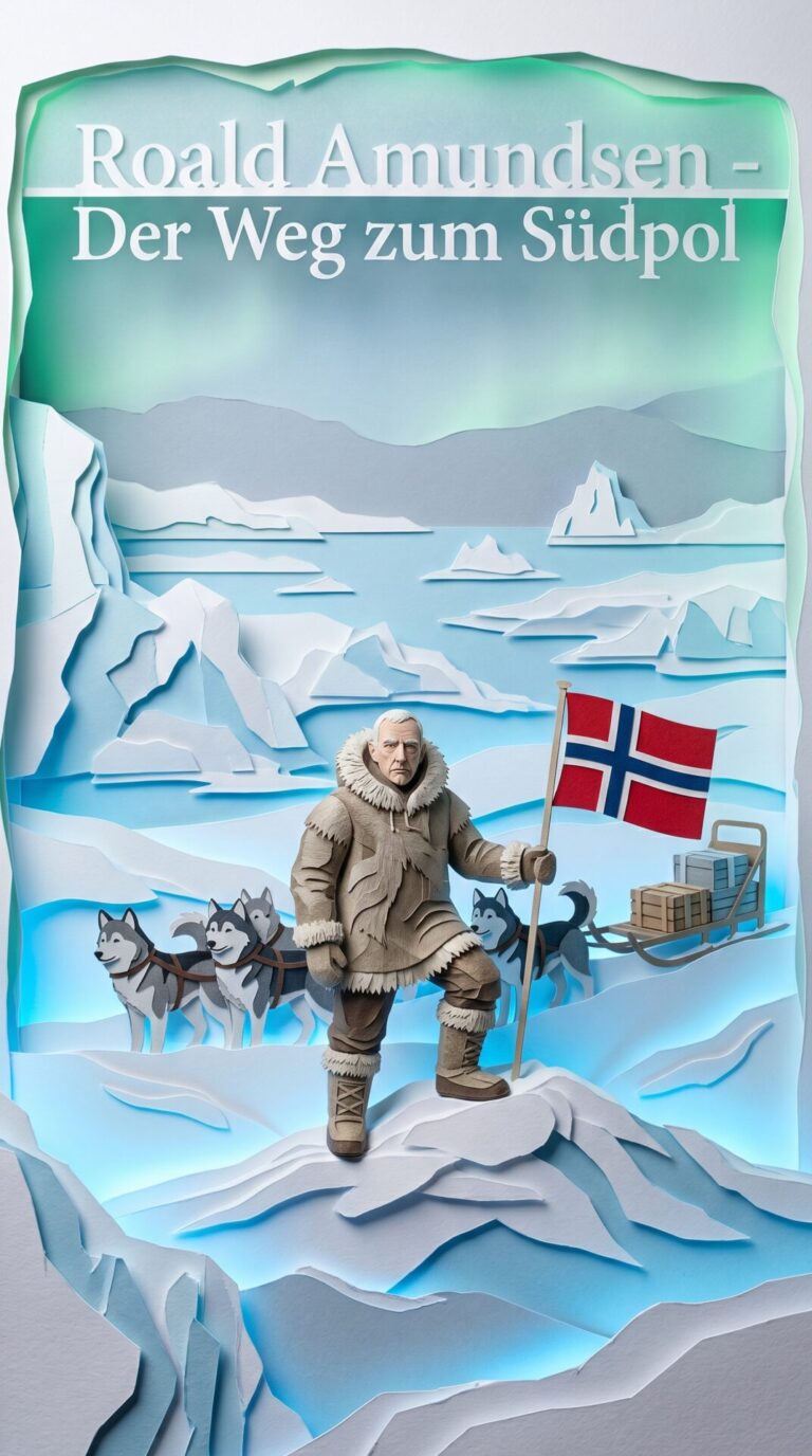 Illustriertes Cover für das Kinderhörbuch: 082 Roald Amundsen – Der Weg zum Südpol - fabelhaft.app