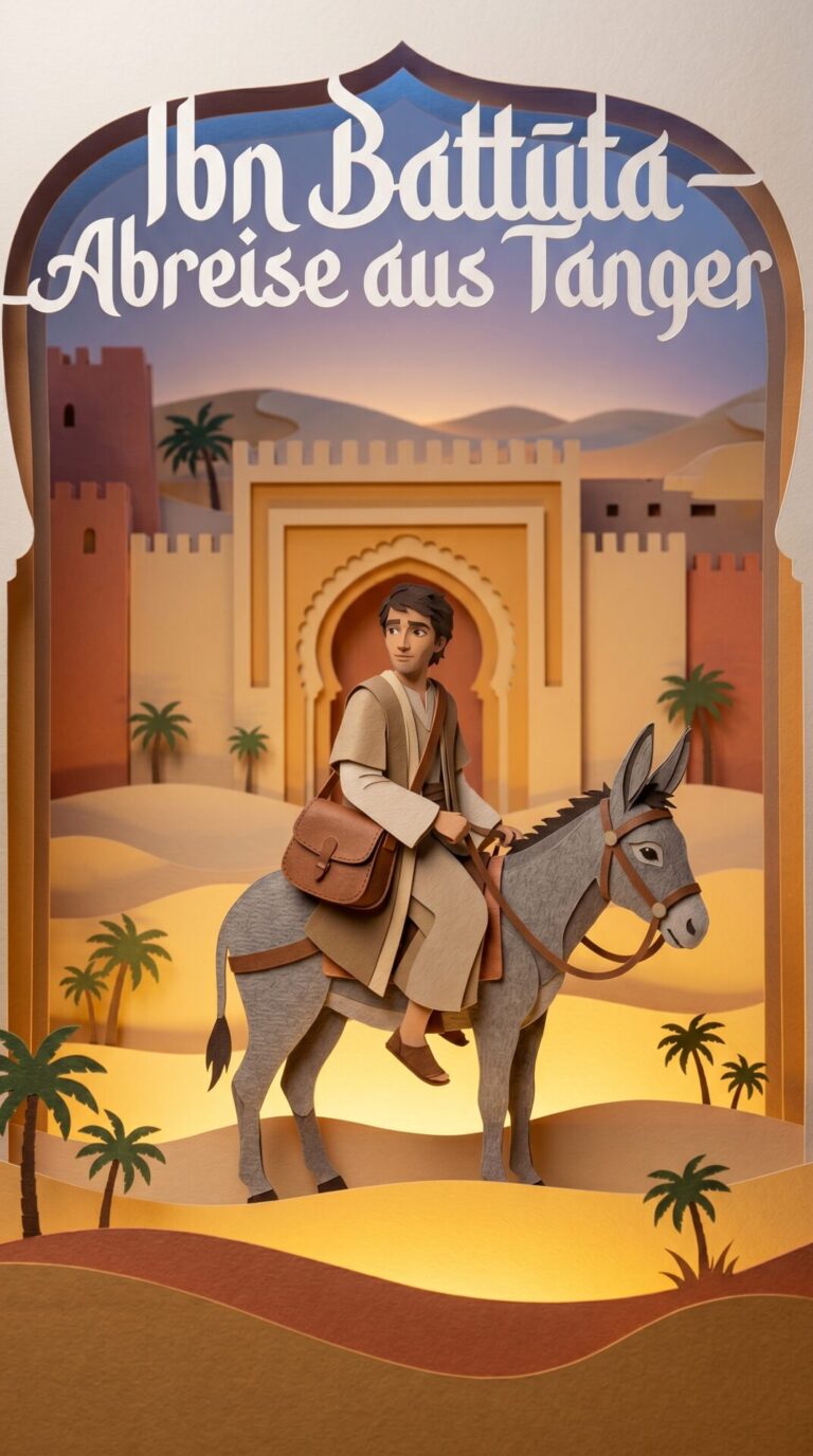 Illustriertes Cover für das Kinderhörbuch: 085 Ibn Battūta – Abreise aus Tanger - fabelhaft.app