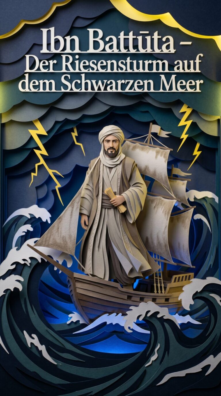 Illustriertes Cover für das Kinderhörbuch: 087 Ibn Battūta – Der Riesensturm auf dem Schwarzen Meer - fabelhaft.app
