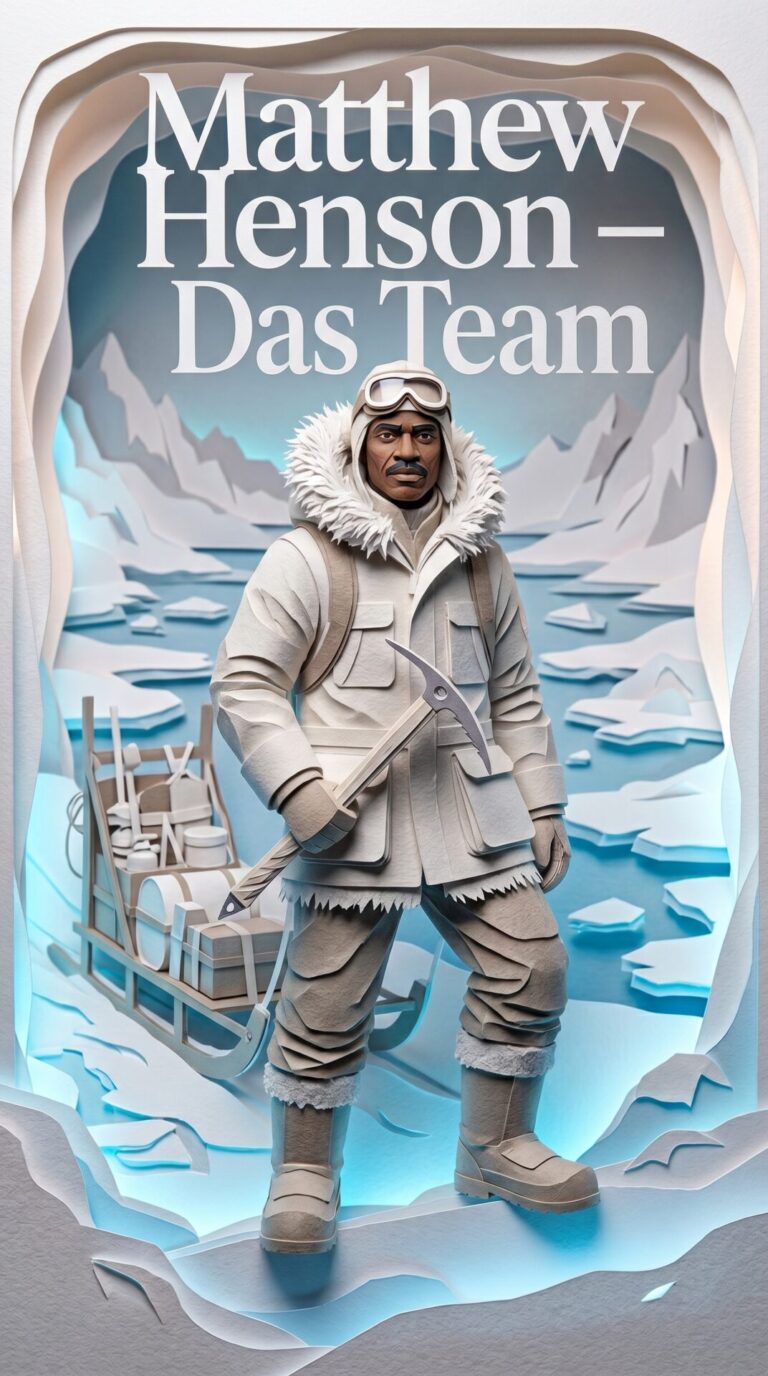 Illustriertes Cover für das Kinderhörbuch: 104 Matthew Henson – Das Team - fabelhaft.app