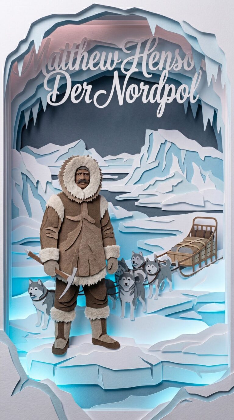 Illustriertes Cover für das Kinderhörbuch: 105 Matthew Henson – Der Nordpol - fabelhaft.app