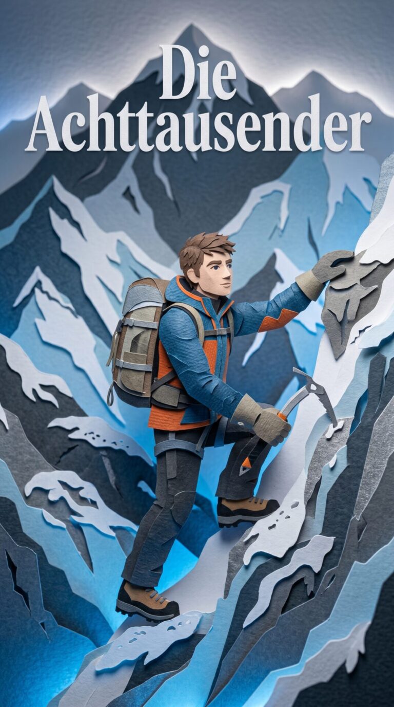 Illustriertes Cover für das Kinderhörbuch: 108 Reinhold Messner – Die Achttausender - fabelhaft.app