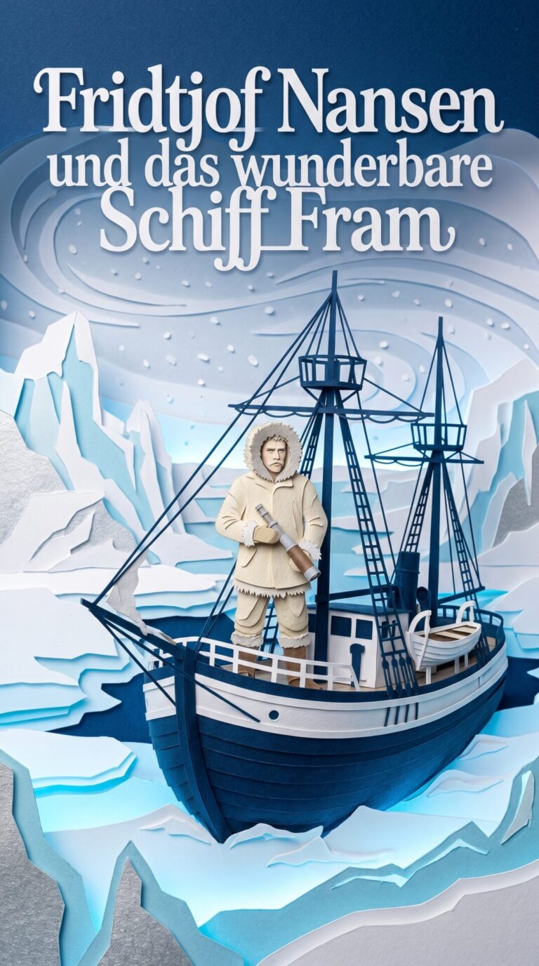 Illustriertes Cover für das Kinderhörbuch: 111 Fridtjof Nansen und das wunderbare Schiff Fram - fabelhaft.app