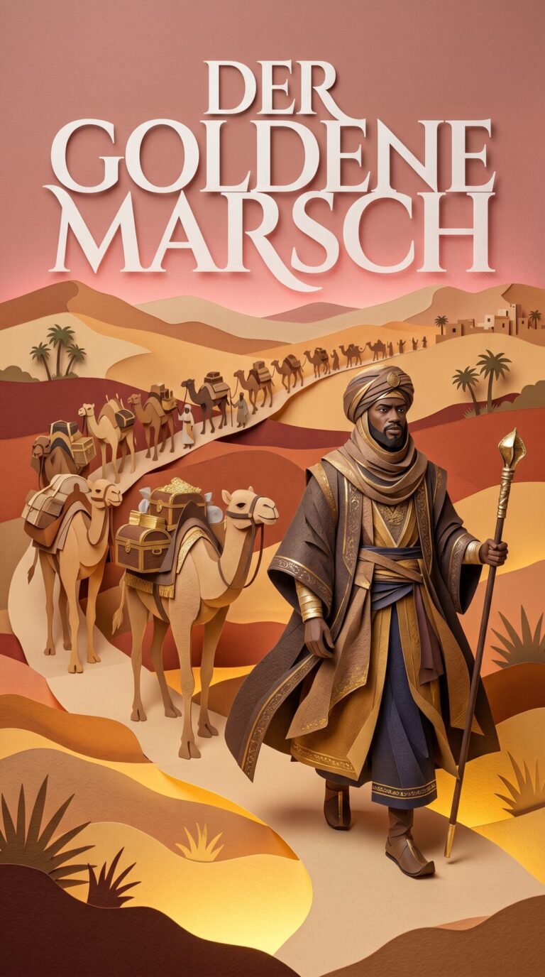 Illustriertes Cover für das Kinderhörbuch: 119 Mansa Musa – Der goldene Marsch - fabelhaft.app