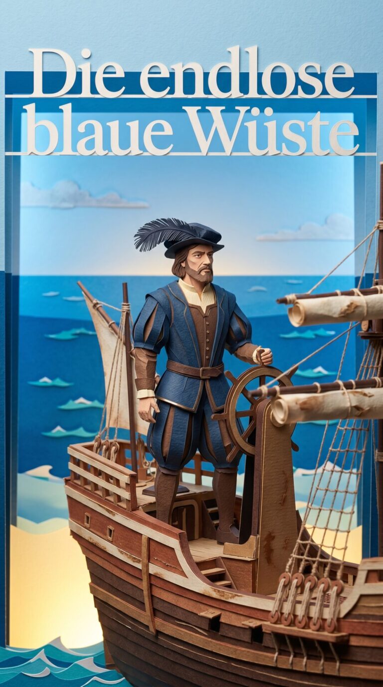Illustriertes Cover für das Kinderhörbuch: 131 Ferdinand Magellan – Die endlose blaue Wüste - fabelhaft.app