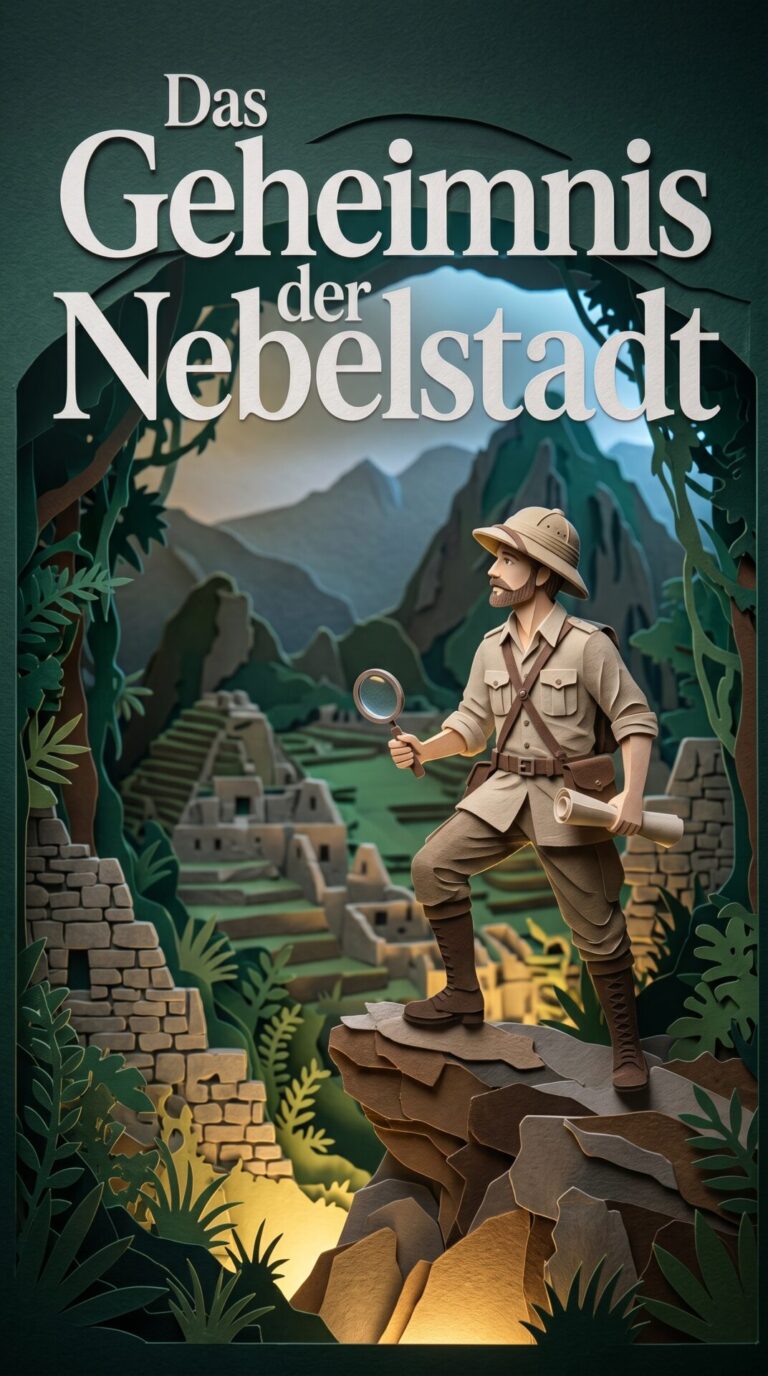 Illustriertes Cover für das Kinderhörbuch: 146 Hiram Bingham und das Geheimnis der Nebelstadt - fabelhaft.app