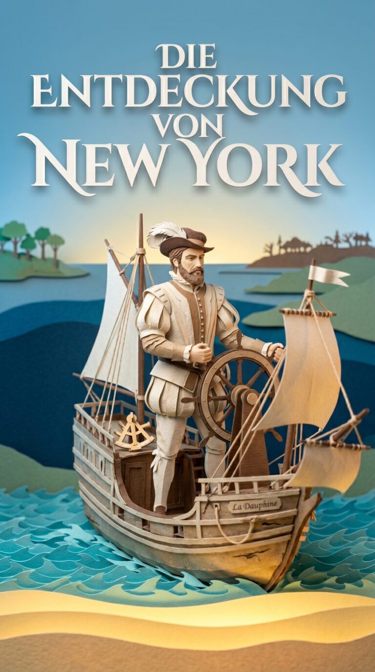 Illustriertes Cover für das Kinderhörbuch: 166 GIOVANNI DA VERRAZZANO – DIE ENTDECKUNG VON NEW YORK - fabelhaft.app