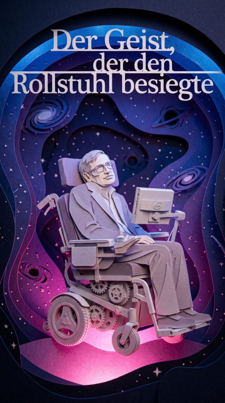 Illustriertes Cover für das Kinderhörbuch: 195 Stephen Hawking – Der Geist, der den Rollstuhl besiegte - fabelhaft.app